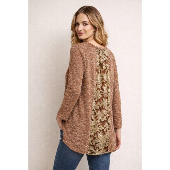 LOGO by Lori Goldstein Sweaters - LOGO Lori Goldstein XL Marled Knit Top Sequin Lace Back Lagenlook Tunic Brown